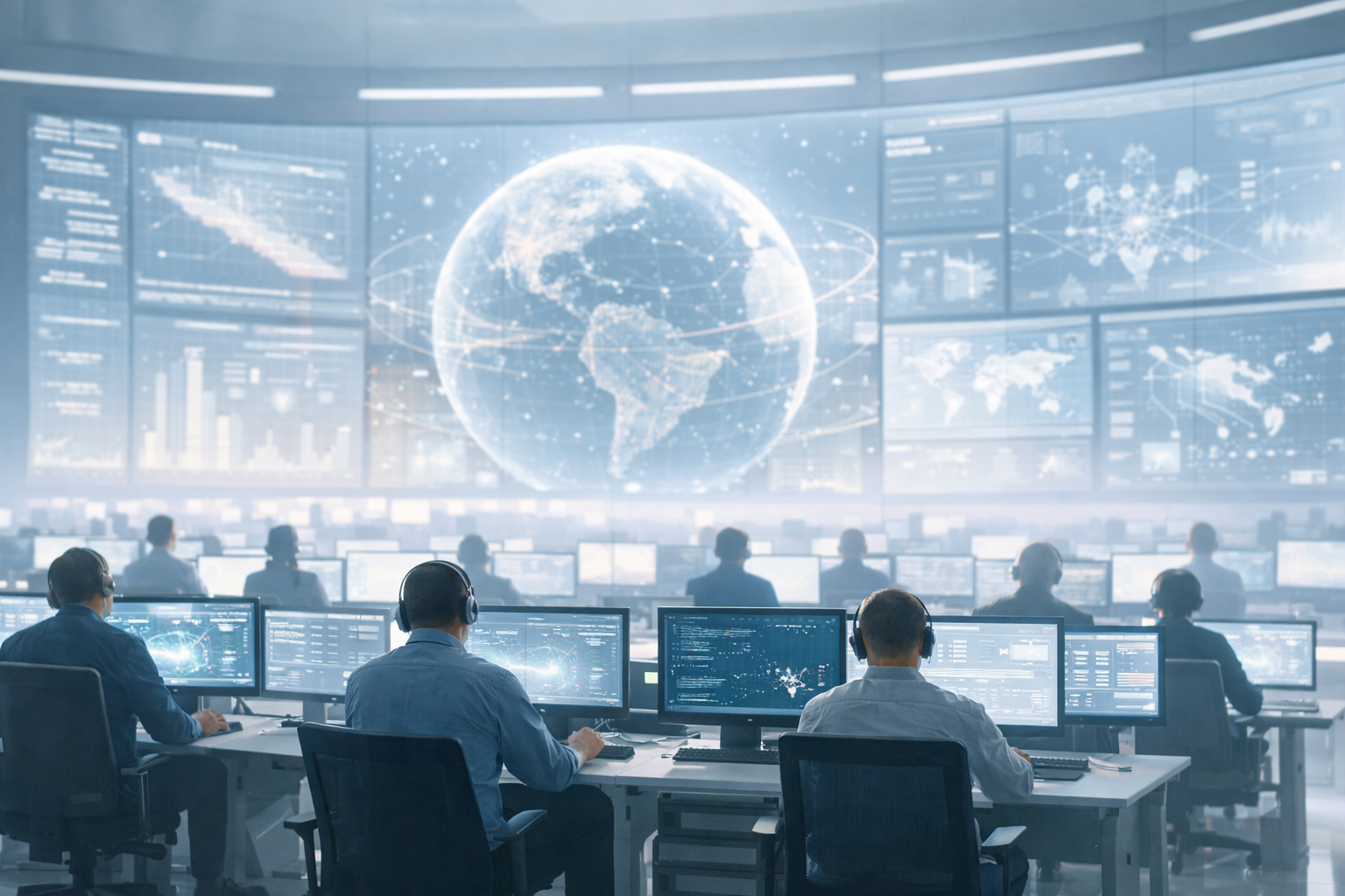 IMMAGINE emozionante persone in lontananza  che lavorano in un centro di gestione cybersecurity  paesaggio colori  chiari no scritte-1